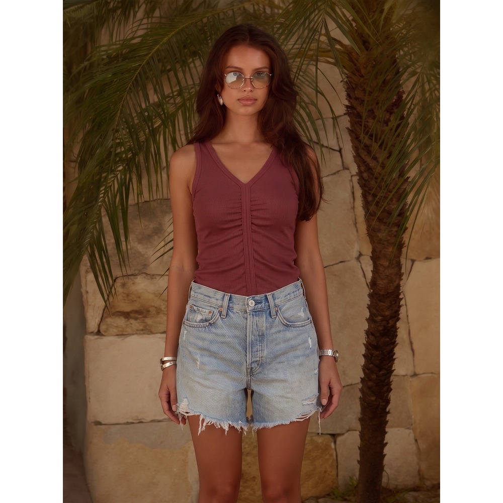 Agolde Parker Long Denim Shorts 26 & Gimmicks Ribbed Ruched Tank Set S